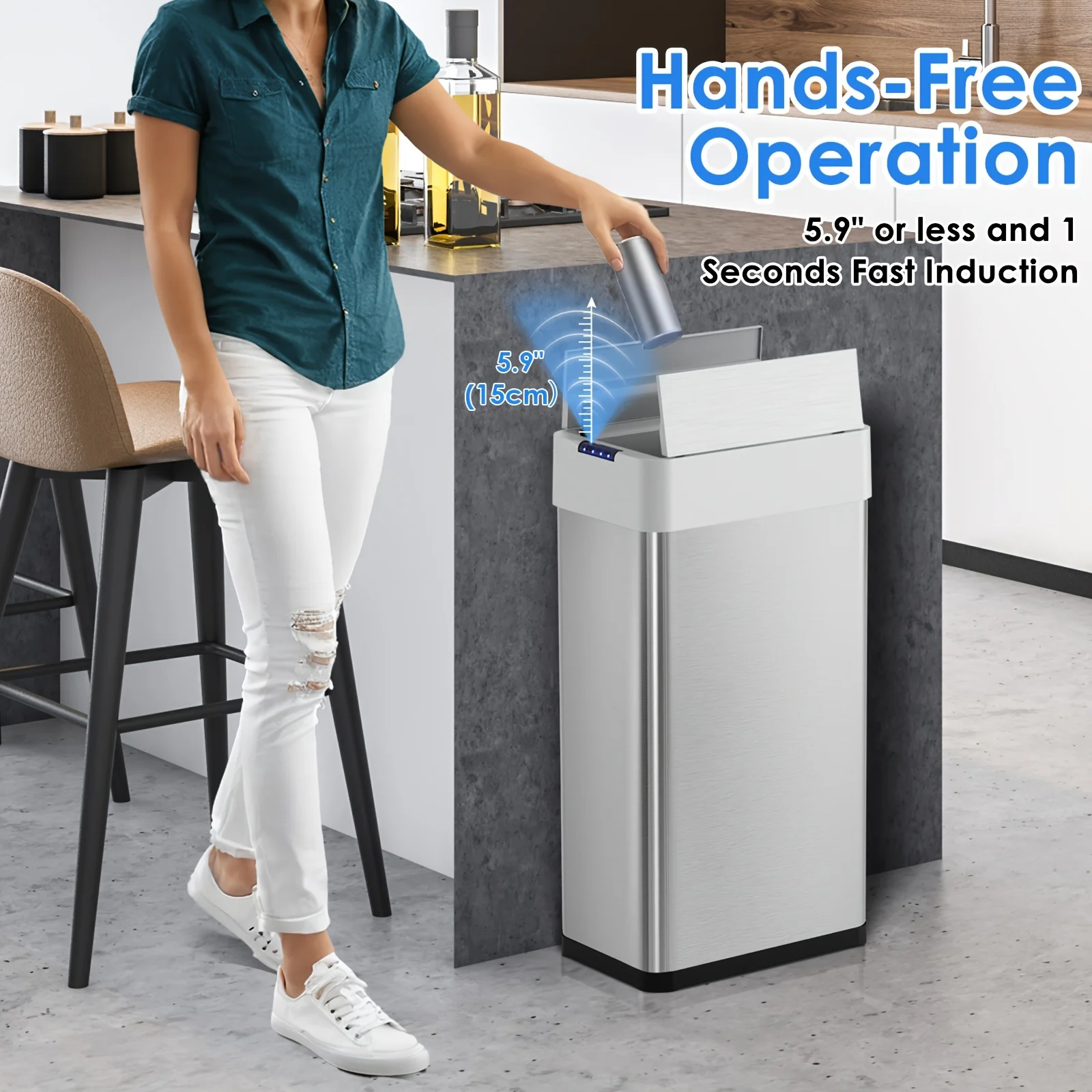 

18.5 Gallon Kitchen Trash Can, Wings Open Lid Motion Sensor Garbage Can Automatic Stainless Steel Waste Bin