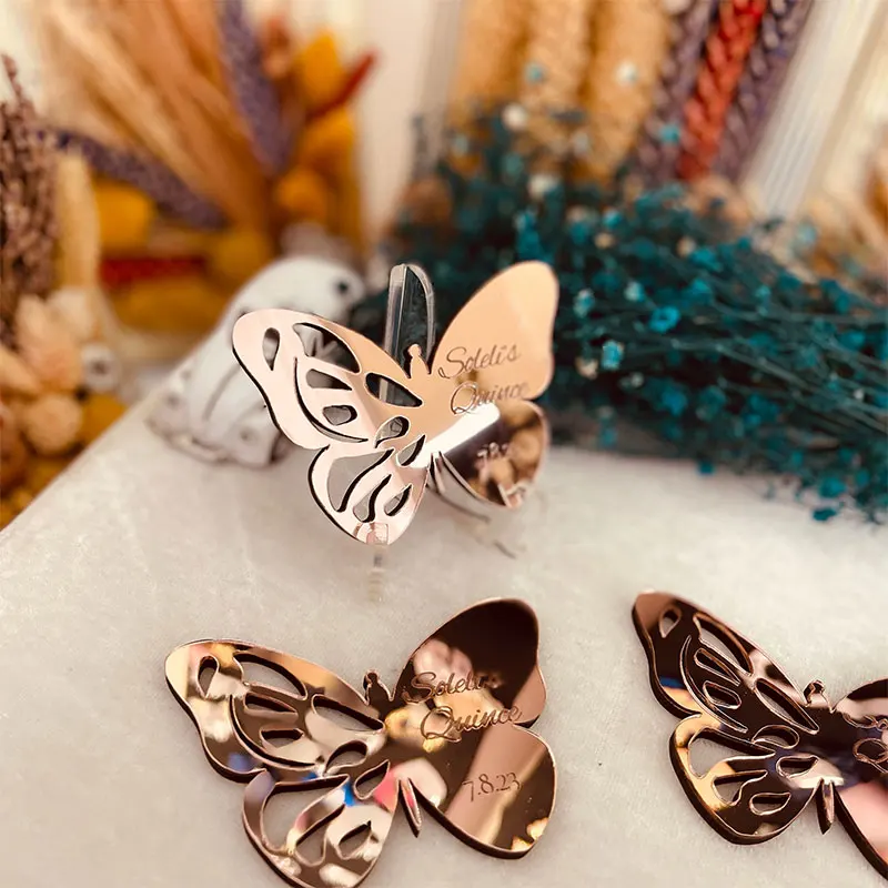 Regalos personalizados de quinceañera de oro rosa, regalos magnéticos de mariposa personalizados, Mis Quince Anos, dulces 16 regalos para niñas, etiquetas acrílicas