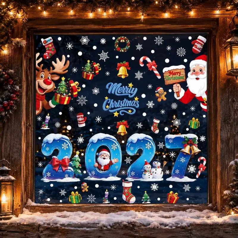 1/2/4 Sheets 2027 Christmas Snowman Pinecone Static Stickers Santa Claus Window Glass Decals Holiday Home Decorations