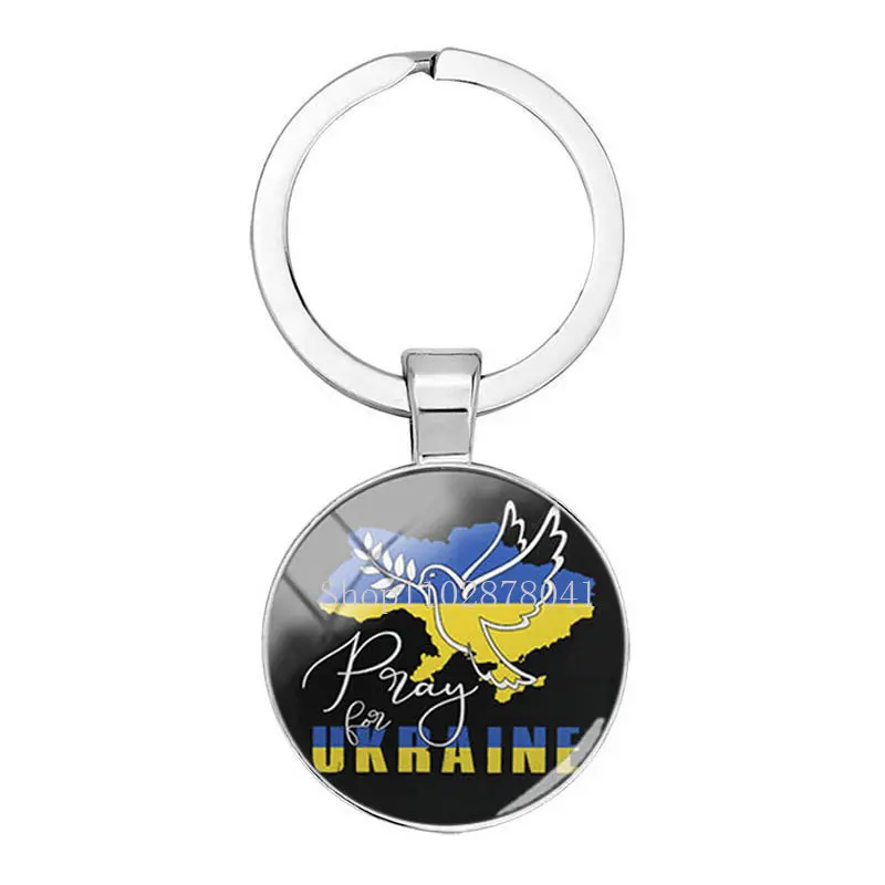 Popular Jewelry Dome Glass Metal Keychain Ukrainian Love and Peace Dove Yellow Blue Pattern Classic Gift