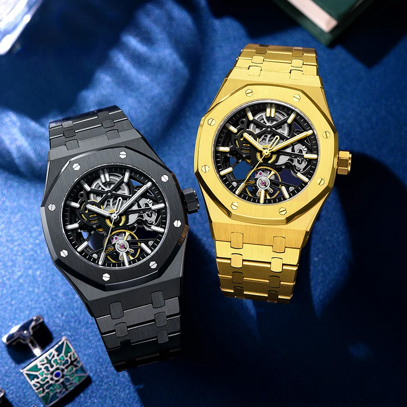 高級自動巻き機械式腕時計、自動巻き中空ムーブメント、ガラス製文字盤、カスタムウォッチデザイン
