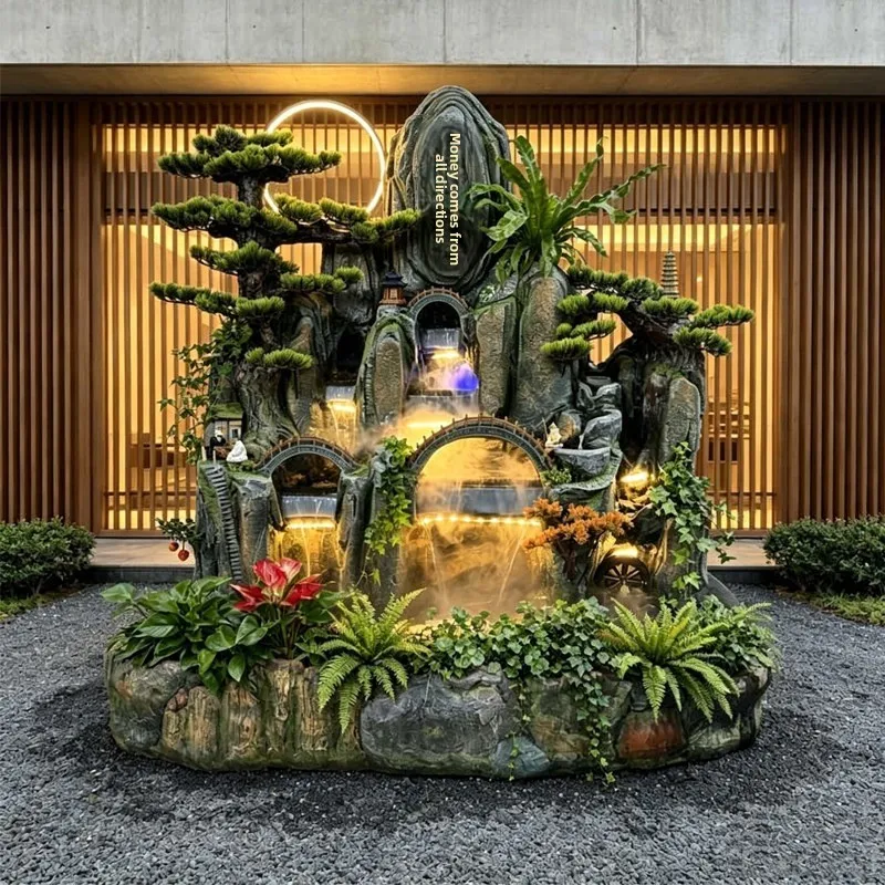 Large floor-to-ceiling rockery, flowing water fountain, fish tank circulation, living room, outdoor entrance, company opening