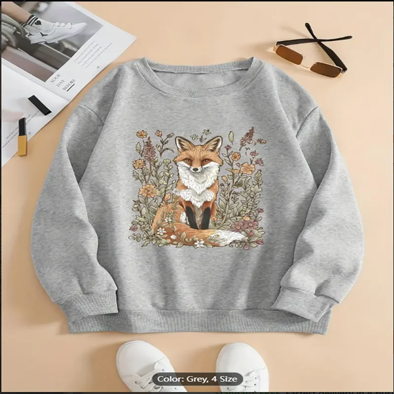 Womens Cozy Crew Neck Sweatshirt Adorable Fox Floral Print Soft Polyester Long Sleeves Casua Winter Wear Cartoon Fox Design