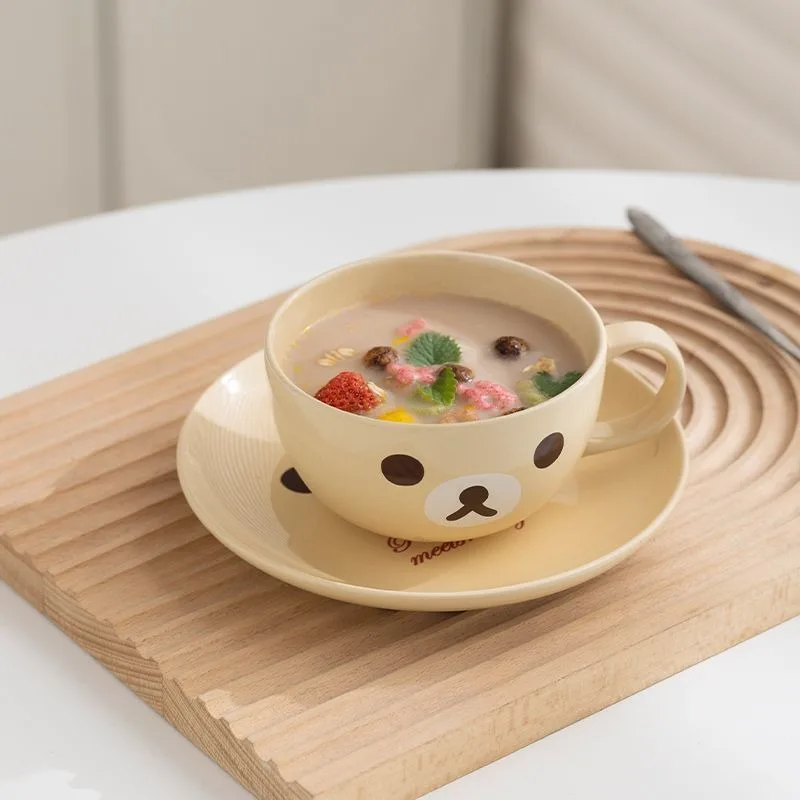Ensemble tasse et soucoupe en céramique Rilakkuma, visage d'ours jaune crème, tasse à café pour le petit-déjeuner, passe au micro-ondes, vaisselle domestique, cadeau