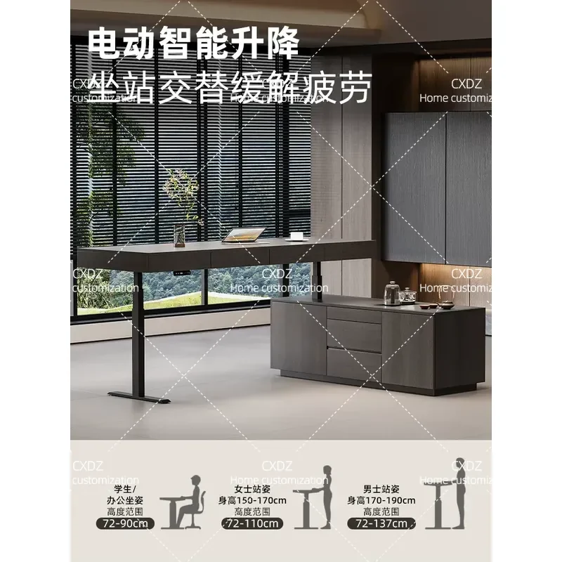 Modern Simple Intelligent Lifting Tea Table Integrated Desk with Cabinet for Home Office Light Luxury Style