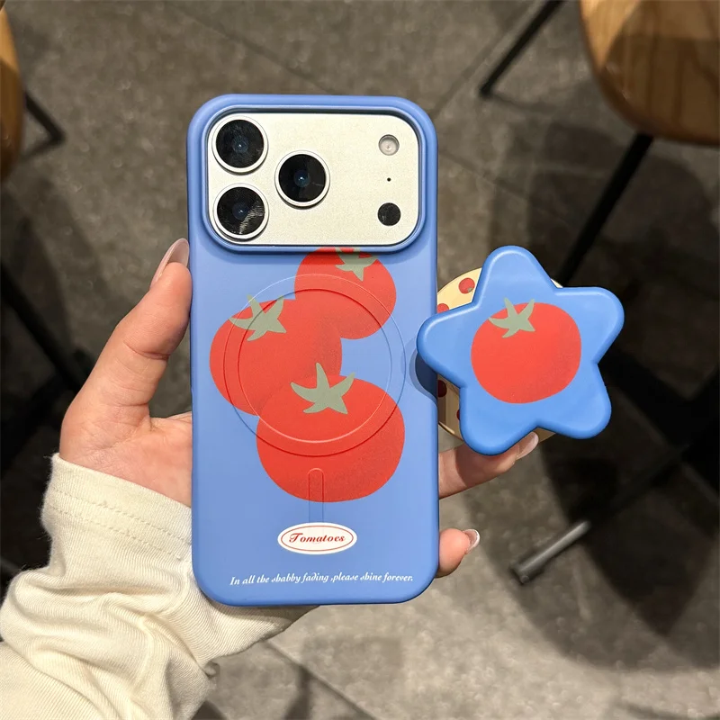 

Aesthetic Pastel Blue Tomato Phone Case with Star Magnetic Stand For iPhone 17 16 15 Pro Max Soft Protective Cover For Women