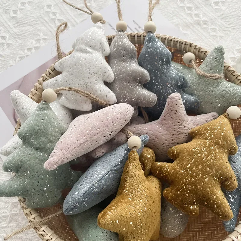 6Pcs/Lot Christmas Gold Velvet Plush Cloth Pendant Christmas Tree Decoration Materials Accessories Star Love Toys Muppet Decorat