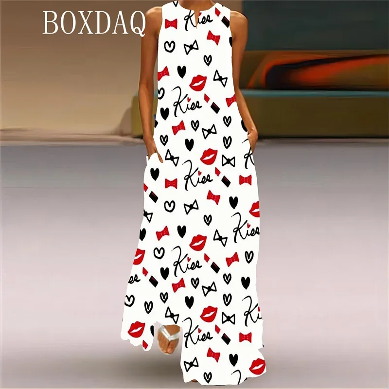 Trendy Lipstick High Heels 3D Printed Long Women Dress Elegant Spring Summer Sleeveless V-neck Sexy Tank Maxi Dress Ladies Robe