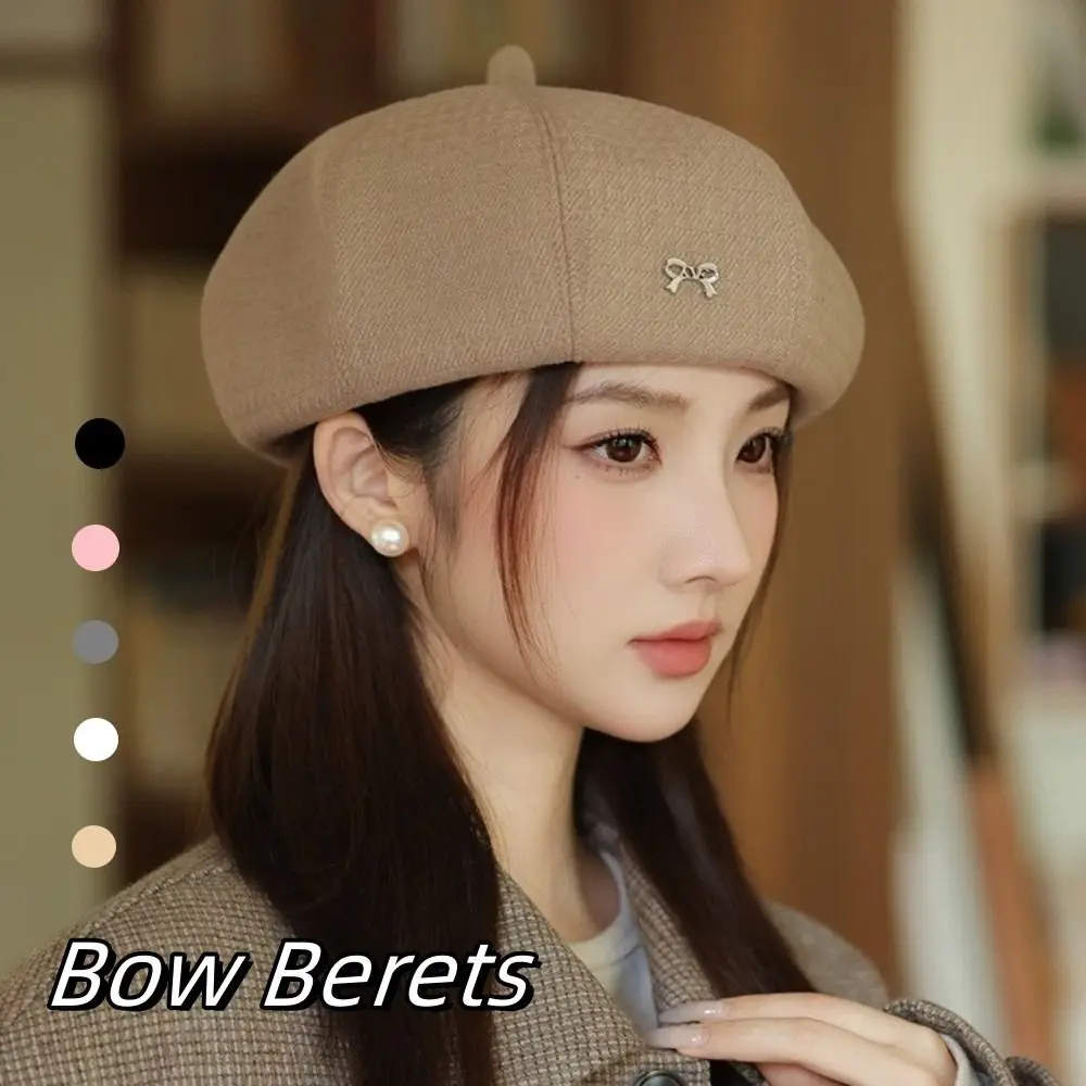 

Versatile Bow Women Berets Keep Warm Solid Color British Beanie Hat Korean Style Elastic Artist Hat Autumn