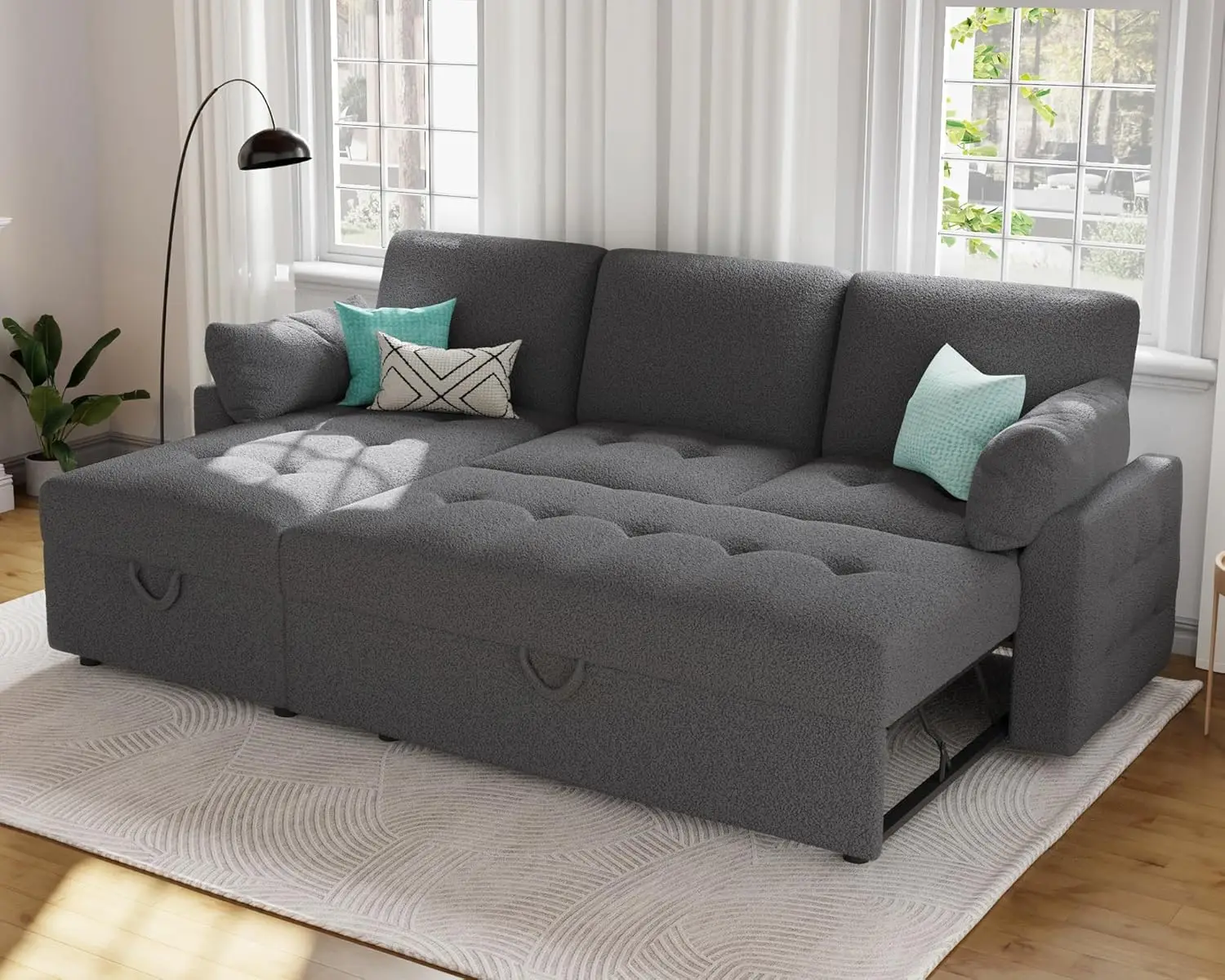 

Pull Out Sofa Bed, Modern Tufted Convertible Sleeper Sofa, L Shaped Sofa Couch with Storage Chaise, Boucle Sectional Couch Bed