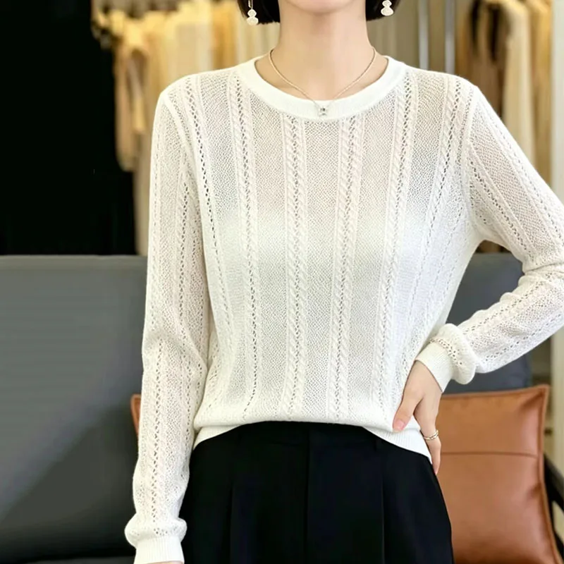 

2026 New Spring and Autumn Ice Silk Sunscreen Hollow Hoodie O-neck Long Sleeve Fashion Women's Casual Soft High end Top