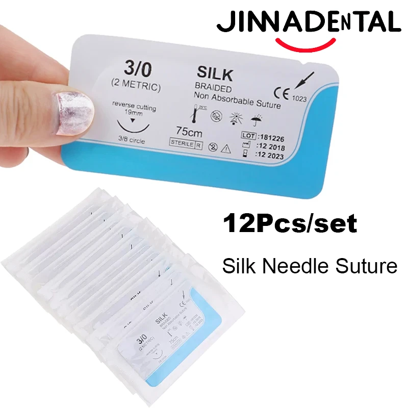 

12PCS 2/0 3/0 4/0 Dental Surgical Needle Silk Surgeon Suture Dentistry Stitches Suture Materials Dentist Surgical Practice Kit
