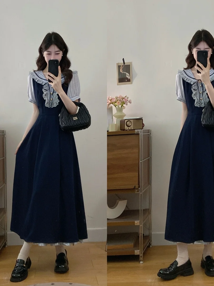 

Elegant plus Size Summer School Style Doll Collar Dress Slimming A-Line Midi Dress Short Sleeve Breathable Skin-Friendly