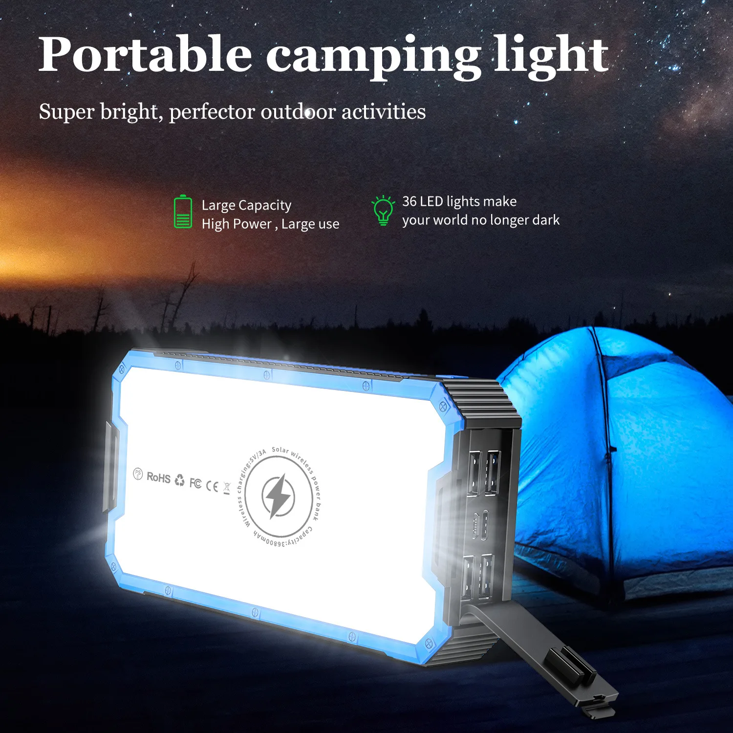 Imagem -05 - Banco de Energia Solar de Carregamento Rápido com Led Carregamento Móvel sem Fio Carregador Solar ao ar Livre para Iphone Xiaomi Camping 36800mah