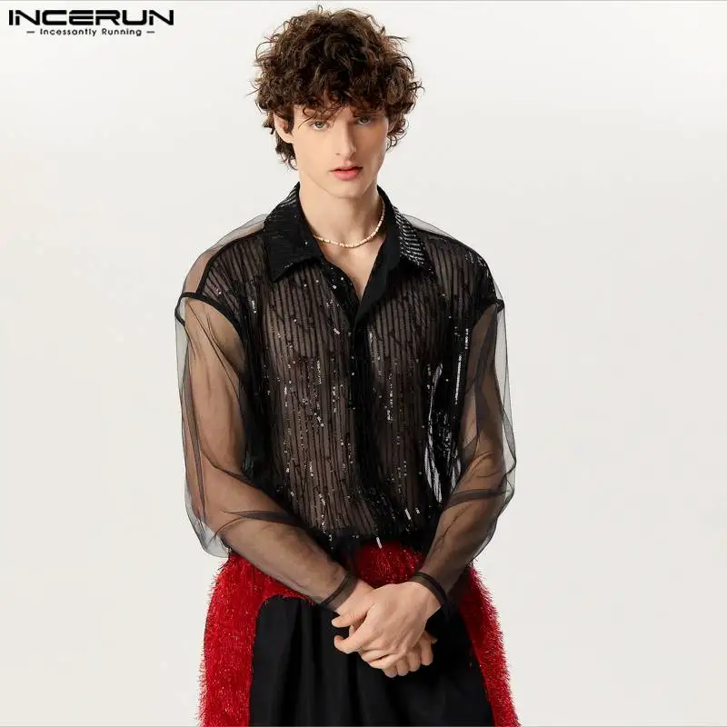 2024 Men Shirt Sequins Mesh Patchwork Lapel Long Sleeve Men Clothing Transparent Streetwear Fashion Casual Camisas INCERUN S-5XL