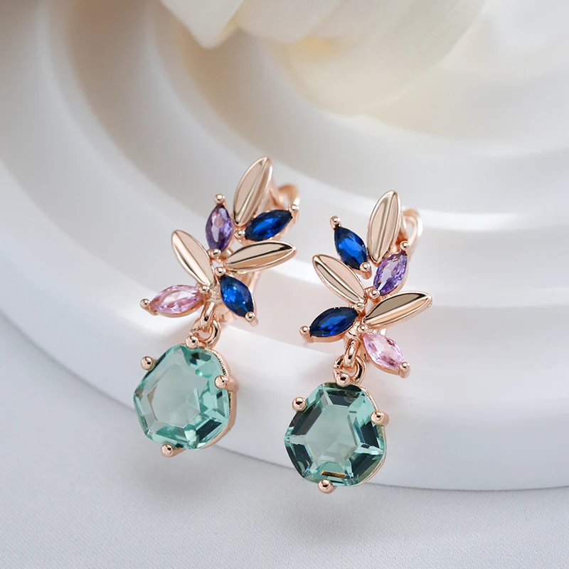 Kinel Fashion Unique Green Stone Drop Earrings for Women Rhombus Natural Zircon 585 Rose Gold Color Vintage Wedding Jewelry