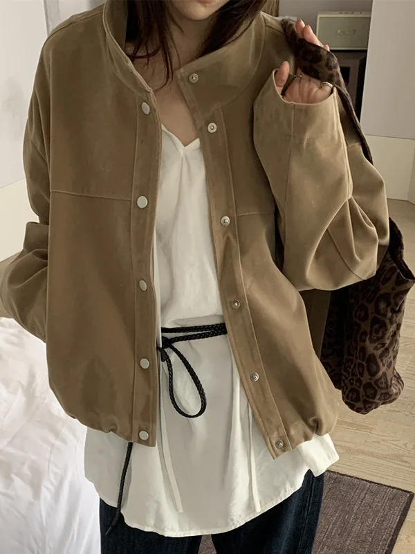 

Retro American Deer Skin Velvet Long Sve Jaet Women's Loose Design ort Outerwear Korean Sle Polyester Fiber