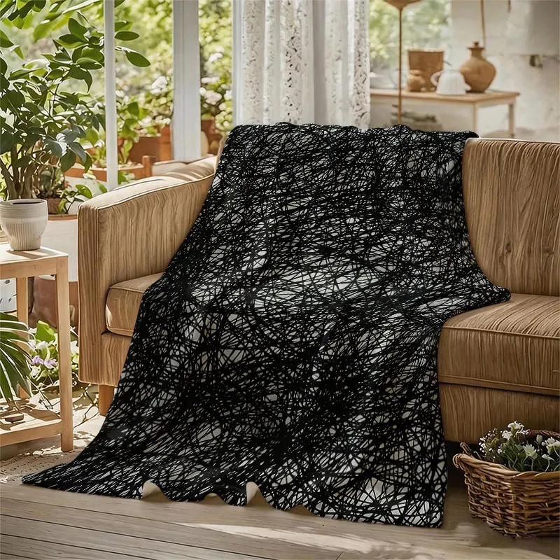 Scribble Lines Black White Flannel Blanket Perfect for Sofa Office Bed Travel Sleep Read Relax Camping Four Season Use