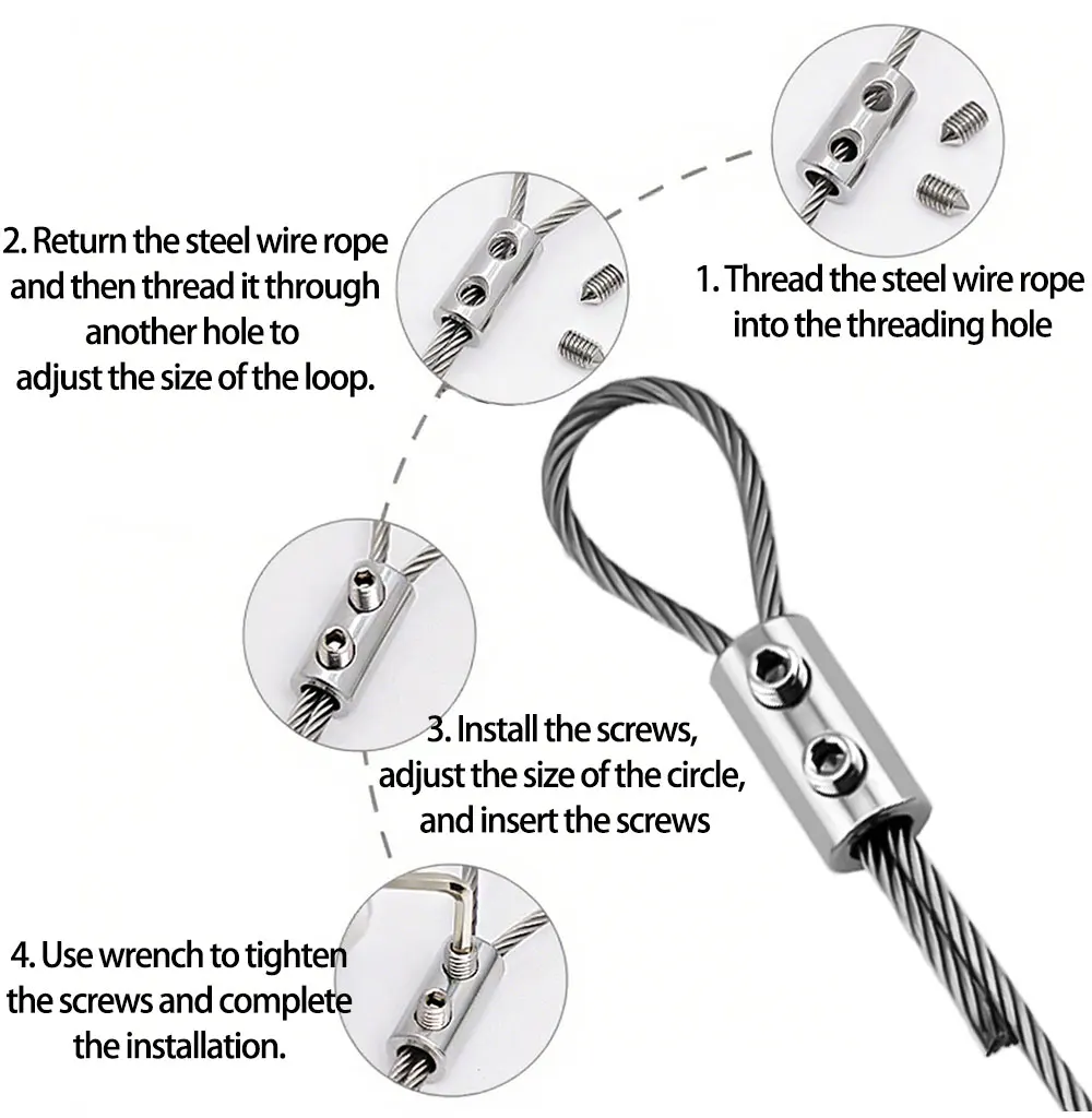 1-4mm Stahlseilklemme, verstellbare Teleskop-Kabelklemme, Befestigungszubehör für Hängelampen und Topfpflanzen – Detail 7