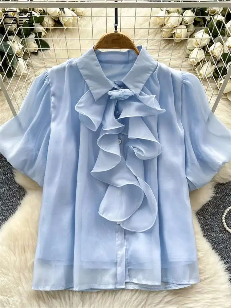

BabYoung Senior Ruffles Thin Shirts Women Puff Sleeves Turn-Down Collar Single Breasted Bow Design Summer Loose Blouse