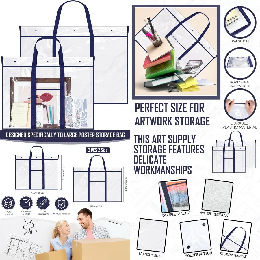 Windyun 2 bolsas grandes para almacenamiento de carteles, 48 x 36 pulgadas, 31,5 x 25,5 pulgadas, soporte para tablón de anuncios para organización en el aula y S