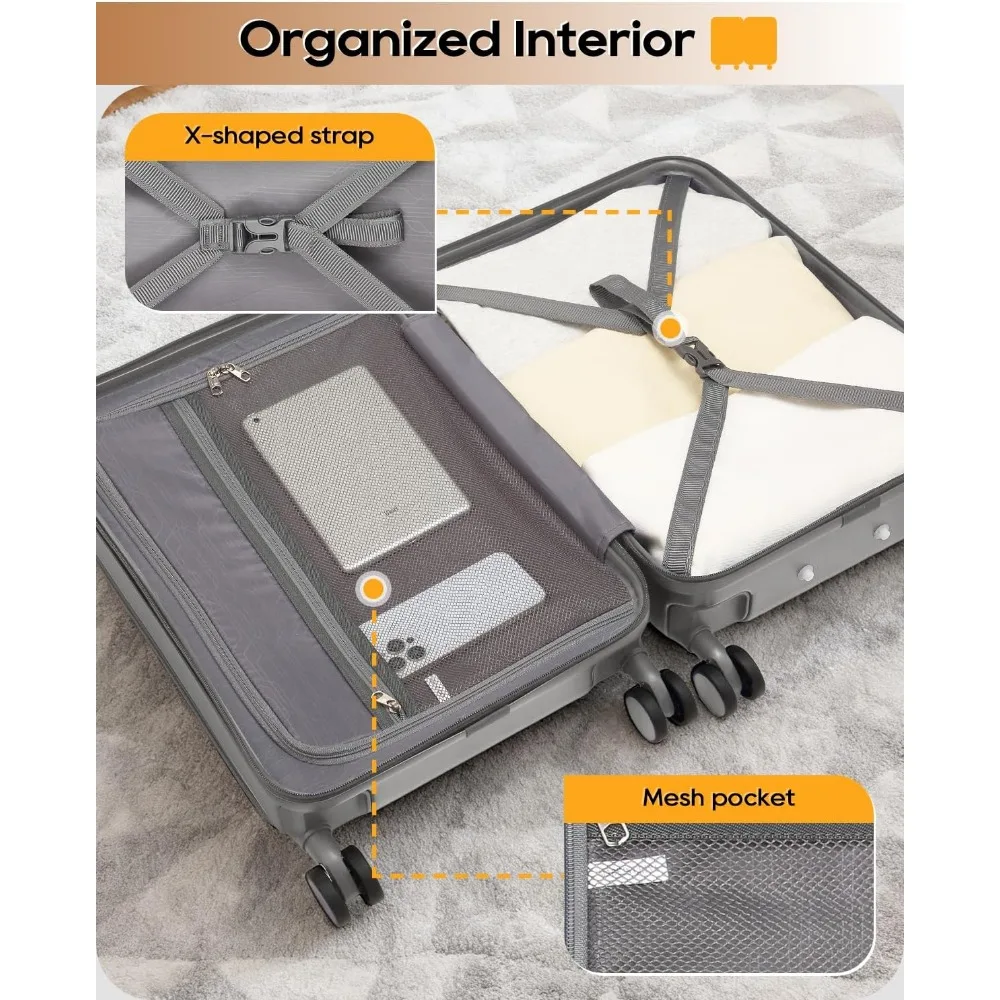 Equipaje de mano de carcasa dura de 20 pulgadas aprobado por aerolínea con bolsillo frontal y portavasos, maleta de viaje para una fácil movilidad