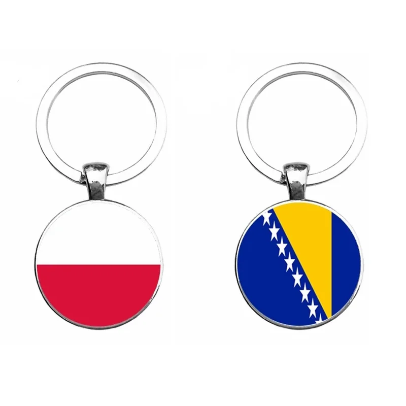 Poland Bosnia And Herzegovina Flag Keychains Round Art Picture Glass Key Chain Metal Keyring