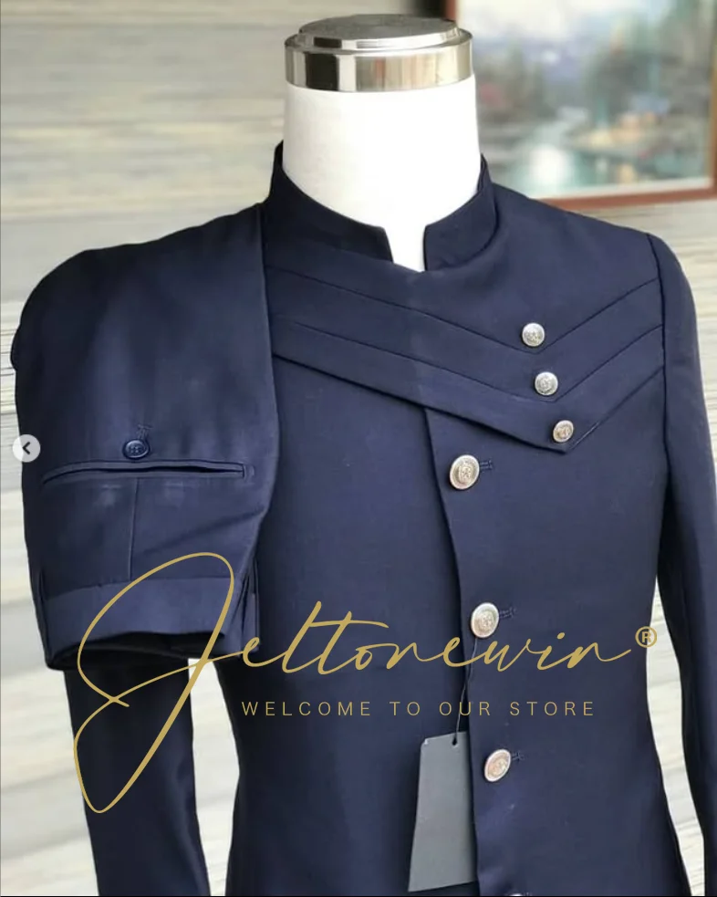 Men's Navy Blue Suit Set with Military Style Stand Collar and Crossed Flap Design Slim Fit Formal Wear for Wedding Groomsmen view 4