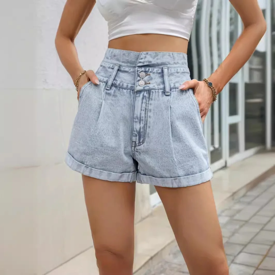 Shorts Denim Bleached Women Jeans Cuffs Vintage Loose Ripped High Waist Pockets Loose Spliced Button Solid Casual Washed