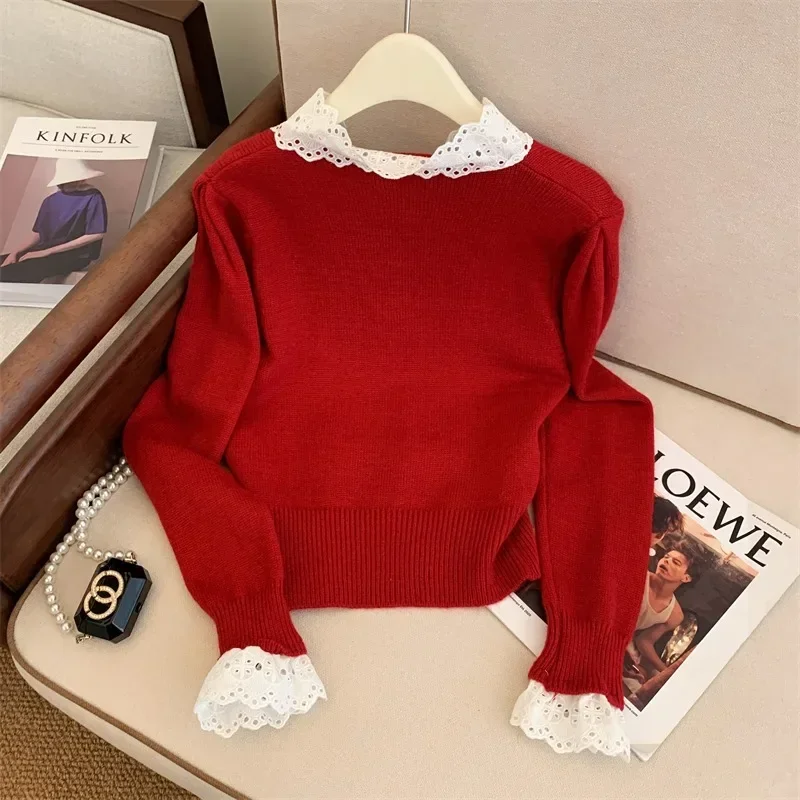 Christmas Party Red Sweater Autumn/Winter New Sweet Lace Bow Tie Love Button Long Sleeves Short Knitted Shirt Top Women