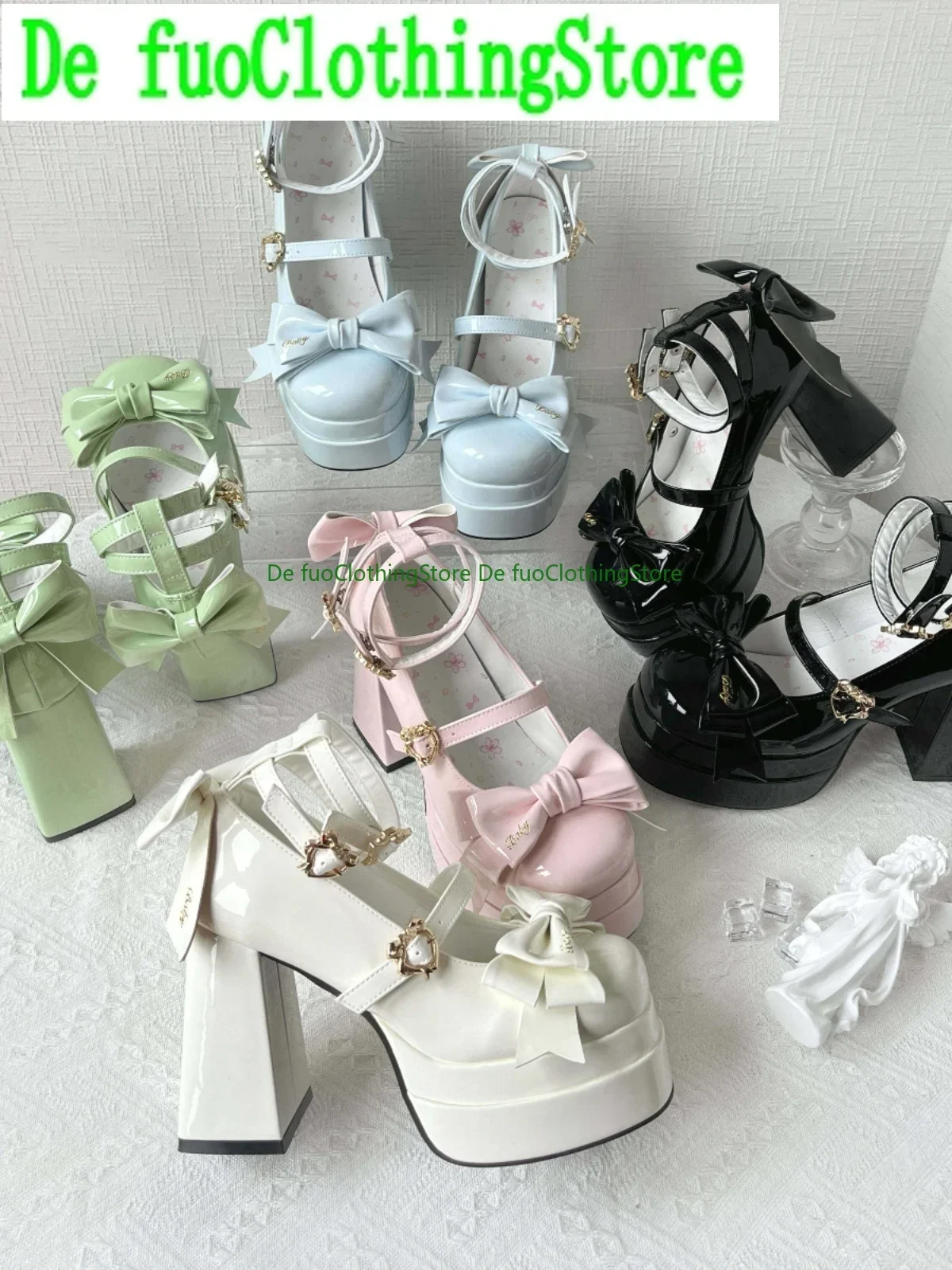 DefuoClothing Lolita High Heels WomenJapanese Ballet Style Sweet Cute Bow Girls Lady RoundToe Square Heel Leather Shoes Lo Pumps