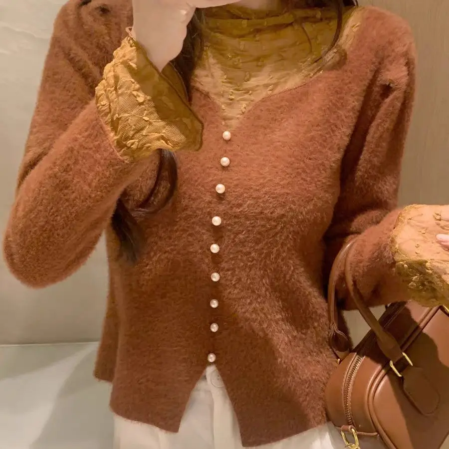 

Sweet Style Woman Clothes Autumn New Beautiful Lace Spliced Knitted Sweater Top Single Breasted Decorate Pullover Jumper TT821