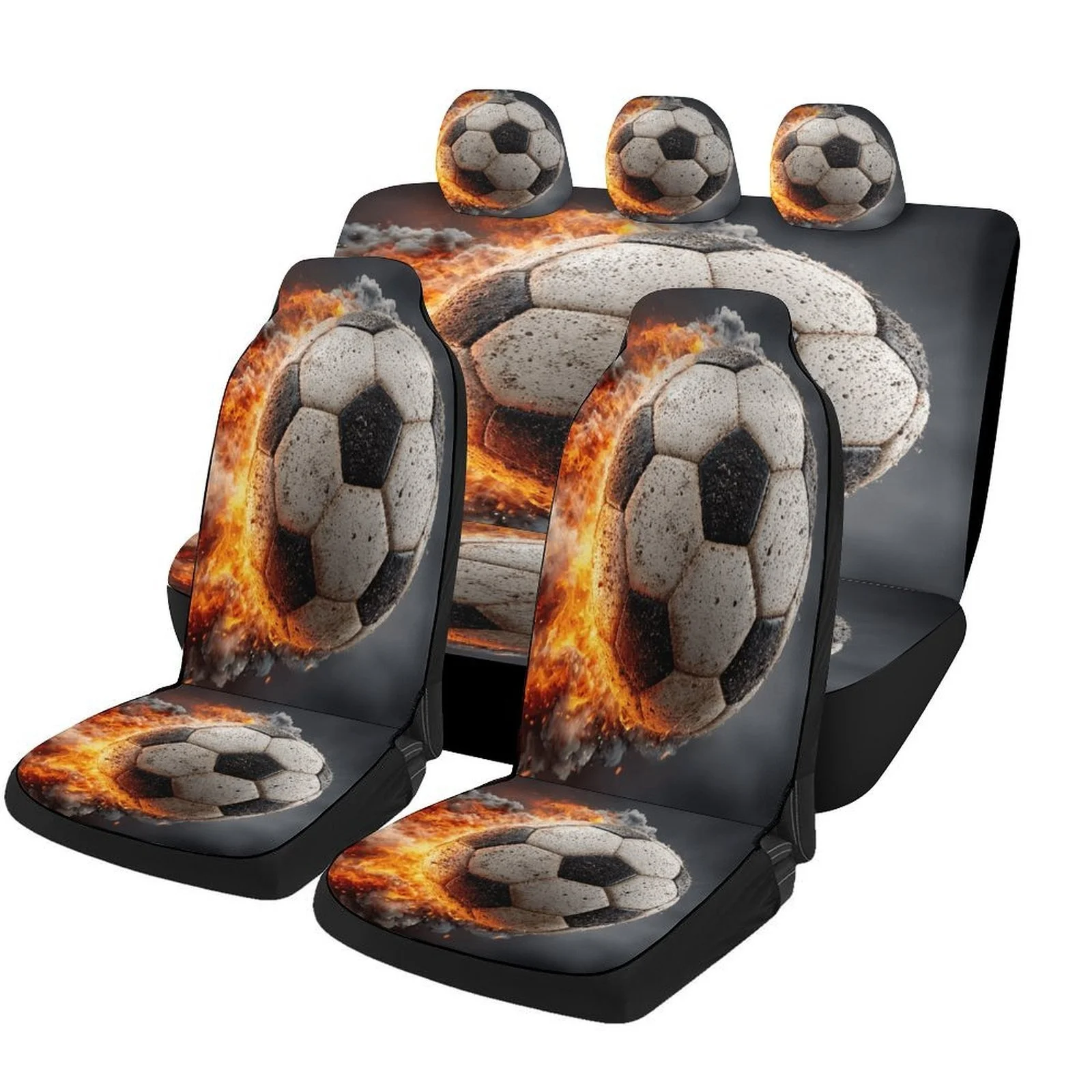 

Burning Soccer Ball Car Seat Cover Set - Trendy Novelty High-Quality Full Set For 2 Front & Rear Seats, Machine Washable, All-Se