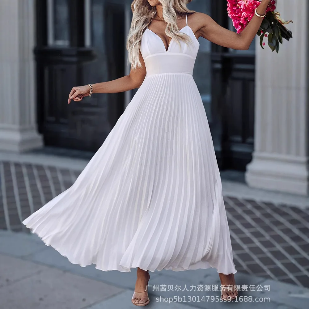 

Camisole Pleated Dresses Women Pullover Solid Floor Length Dress V Neck Loose Fit 2025 High Waist Y2k Streetwear Summer Casual