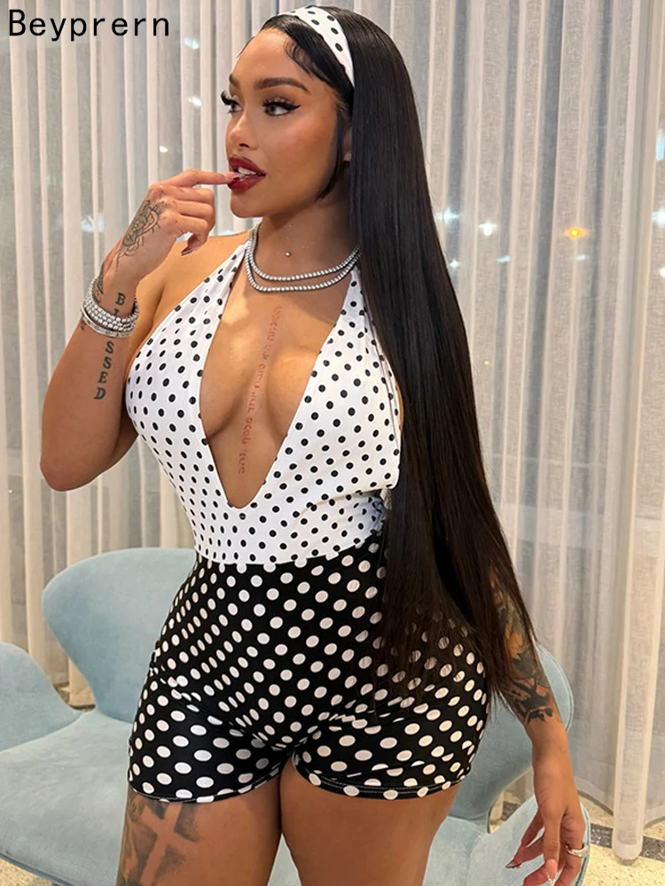 

Beyprern Sexy Polka Dot Patchwork Backless Rompers Women Fashion Halter Neck Deep V Skinny Jumpsuits Party Nightclub