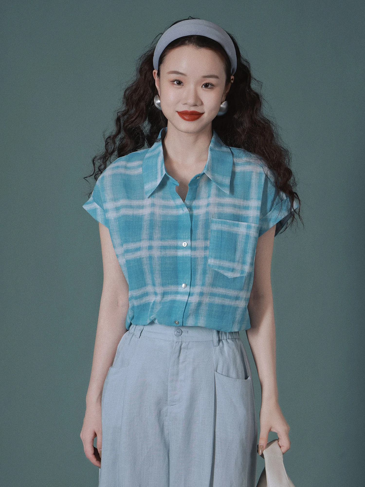 

Ivy Yang Plaid Slim Fit irt Turn-down Collar Faionable Cheered Sun Protection Thin Top Cloud Feeling Small Flng Sv...