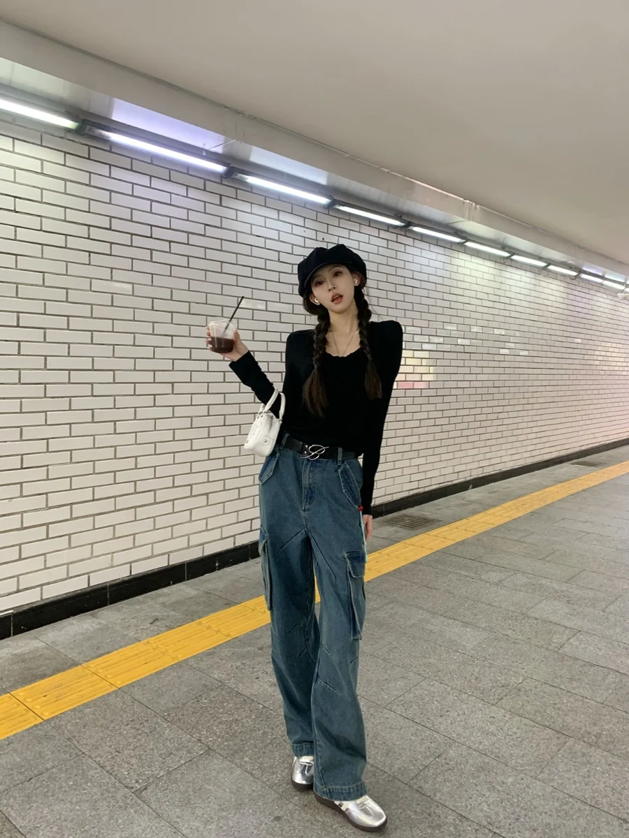 

Deep Blue Straight Leg Jeans Women's Summer Thin Fashionable Versatile Jeans High Waist Long Pants Casual High Quality Denim