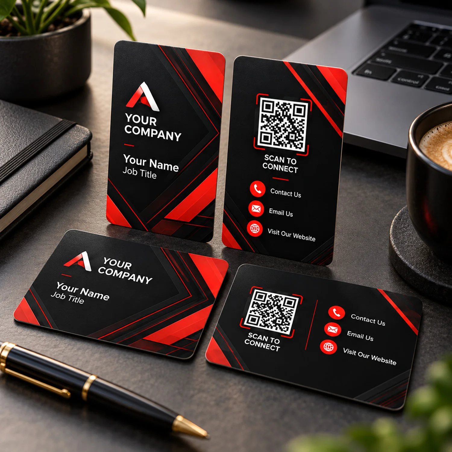 Custom Black Red PVC Business Cards Personalized Double Sided Printing with Logo Text QR Code Modern Professional Contact Card