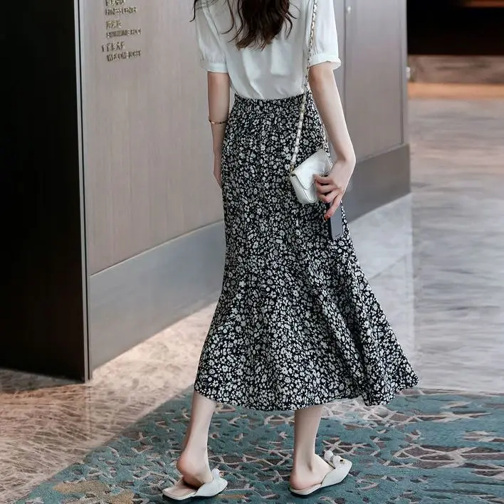 

Korean Fashion Floral Printed Chiffon Skirt Woman Spring Summer Thin Breathable Loose High Waisted A-line Dress High Street S780