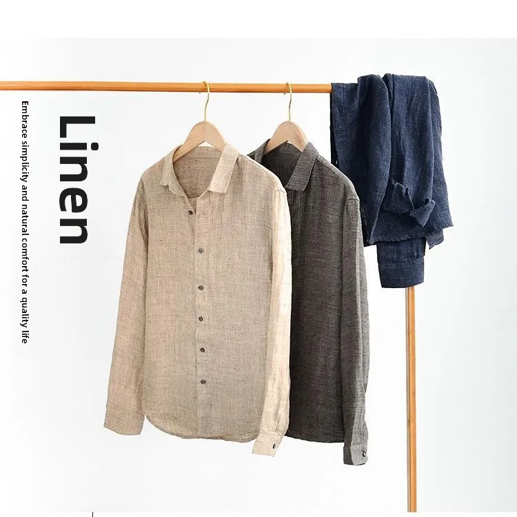 

Повседневная льняная одежда в стиле ретро в японском стиле Long Sve irt, мужская модная художественная облегающая повседневная одежда со сложенными манжетами цвета