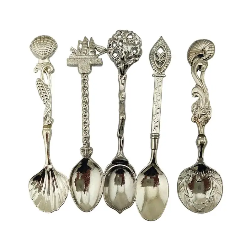 E8BD Artistic 3D Embossed Spoon Set of 5 Durable Alloy Utensils for Gourmets Cooking