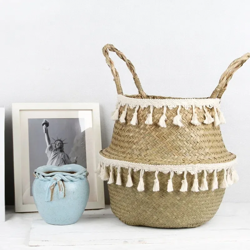 Boho Decor Wicker Baskets Storage Handmade tassels Storage Baskets Foldable Straw Wicker Rattan Seagrass Belly Garden Flower Pot