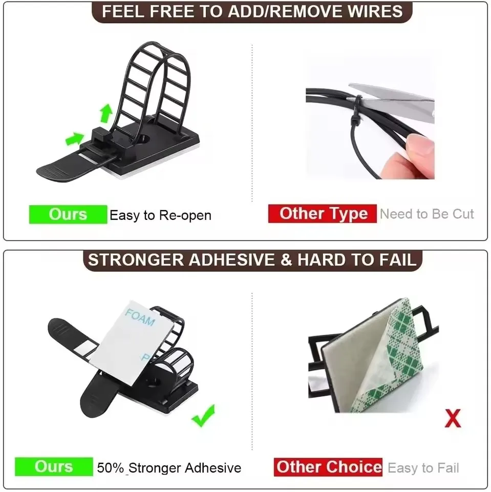 Cable Tie Mount Adjustable Clips Self Adhesive Strap Fix Holder Plastic Network Wire Power Cord Car Organizer Clamp
