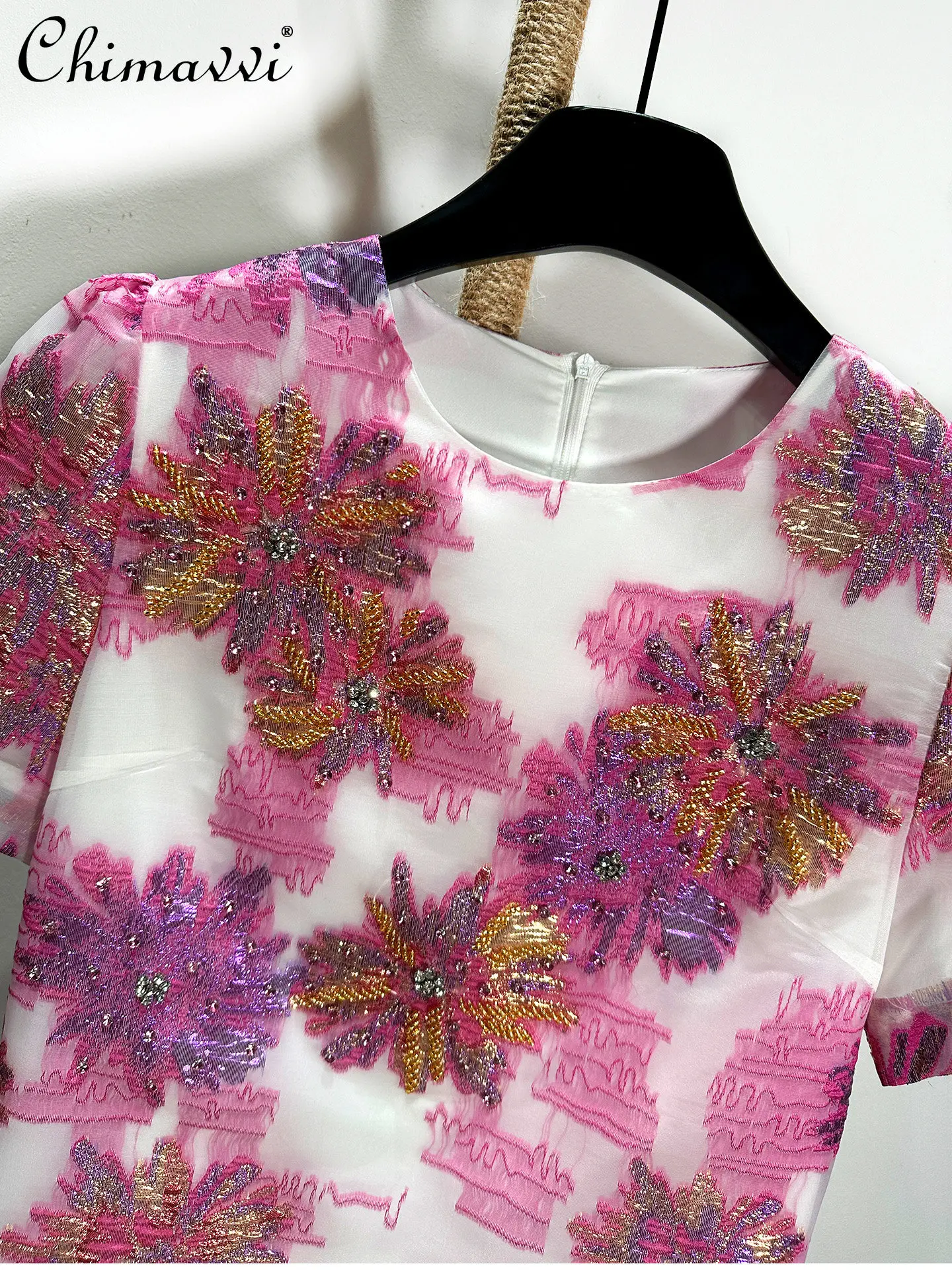 

Heavy Beaded Elegant Jacquard Short-sleeve Dress High-end Fashion Vintage Party Dress for Women New 2026 Summer Clothes
