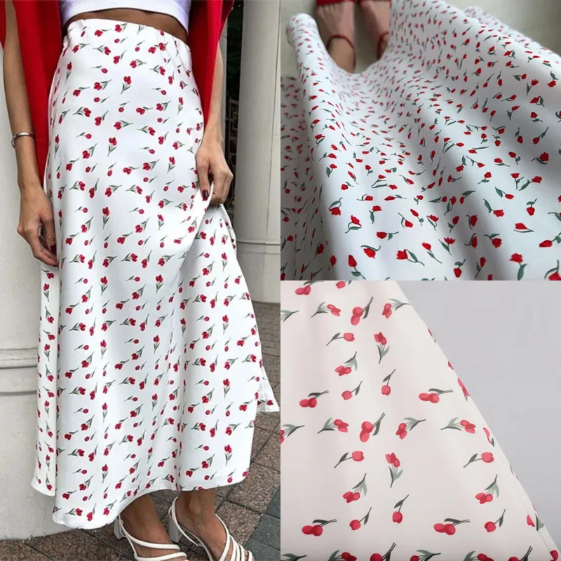 

Spring Elegant High-Waist A-Line Mermaid Skirt Realistic Cherry Print Midi Skirt New Fashionable Women's Floral Print Midi Skirt