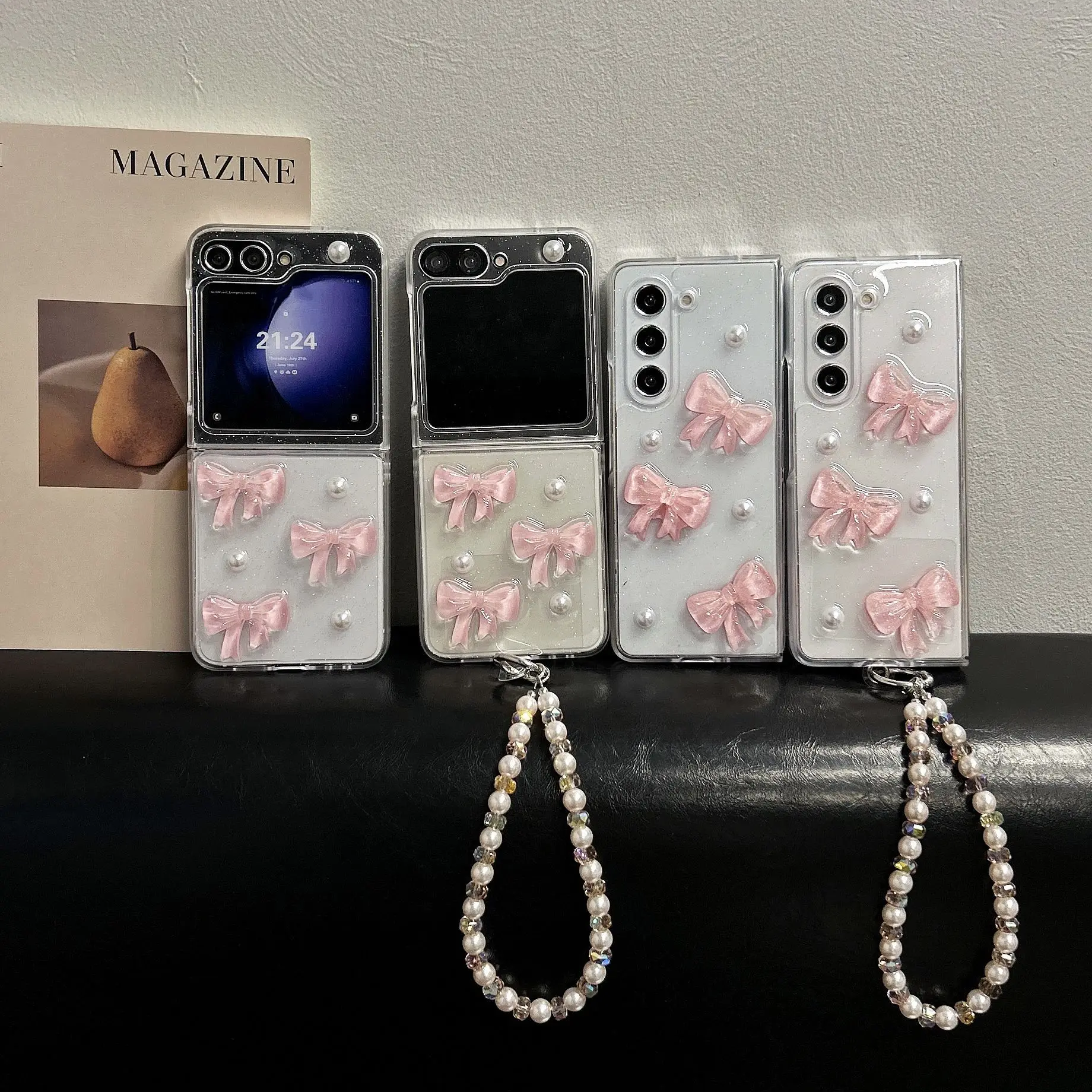 

Pink Bowknot Phone Case For Samsung Galaxy Z Flip Z Fold 7 6 5 4 Protective Back Cover For ZFold7 ZFlip7 Case Shell