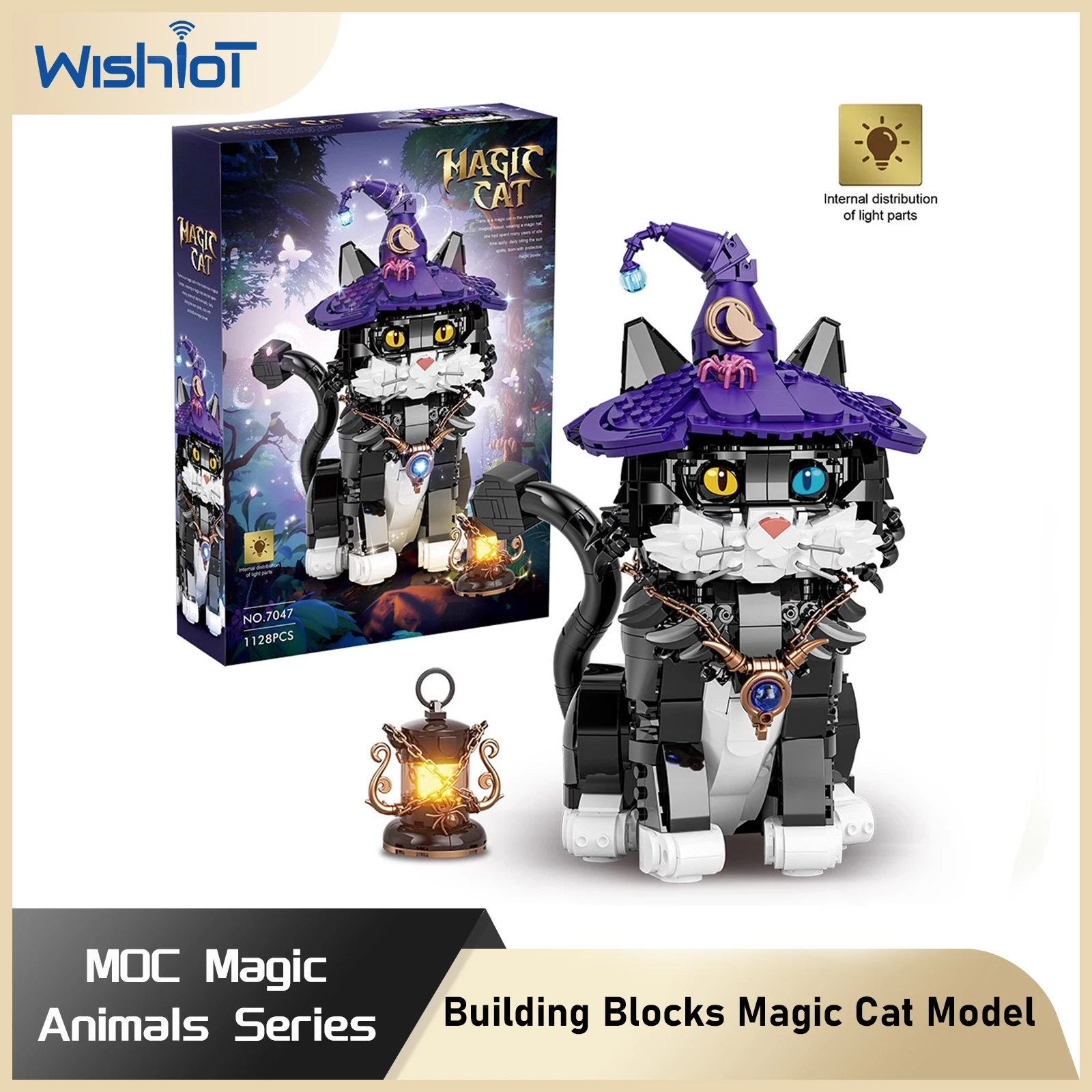 

1128PCS MOC Magic Cat Model Building Block Magic Animal Series Eyes Can Change Color Assemble Brick Toy Kid Adult Creative Gift