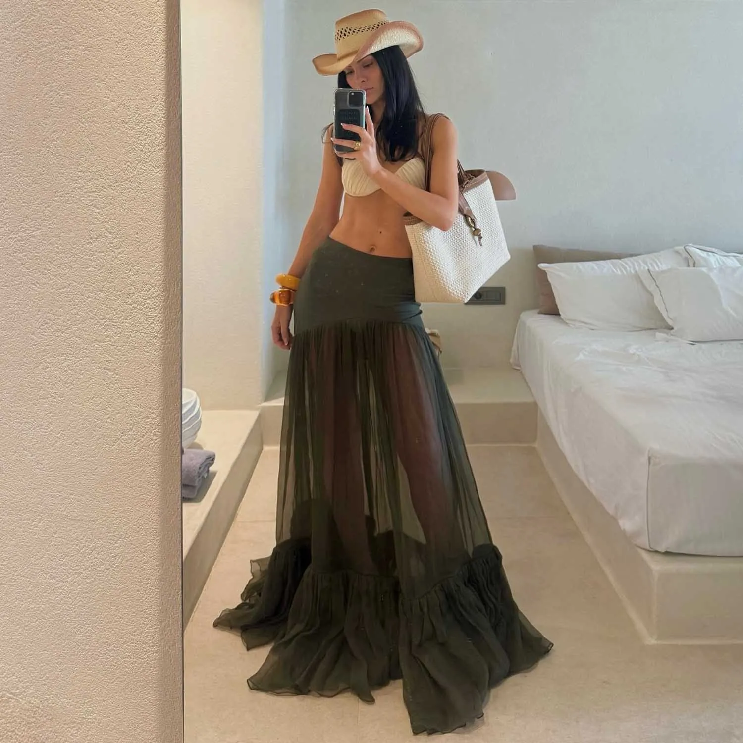 

Sheer Tulle Skirt Custom High Waist See Through Evening Party Skirts Dark Olive Green Ruffles Tulle Event Gala Prom Long Skirt