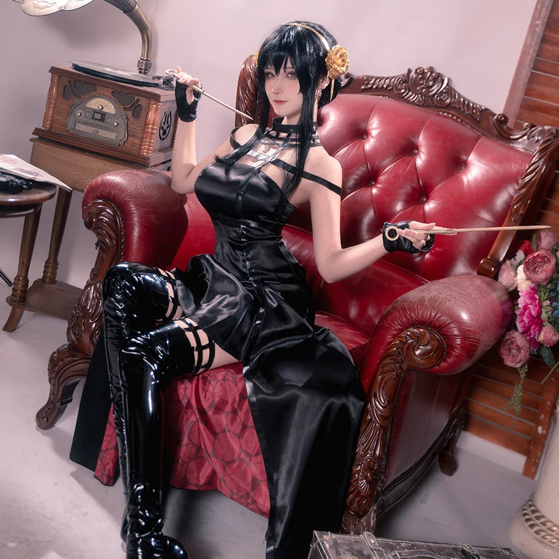 

The Anime cos Yor Forger costume leather Dress Sexy Slim fit female party outfit B