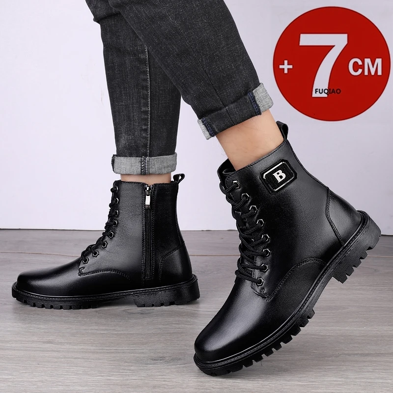 

Winter Warm Men's Boots Elevator Genuine Leather 7cm Height Increase Ankle Boots Easy Zip Fashion Business Casual High-top Shoes
